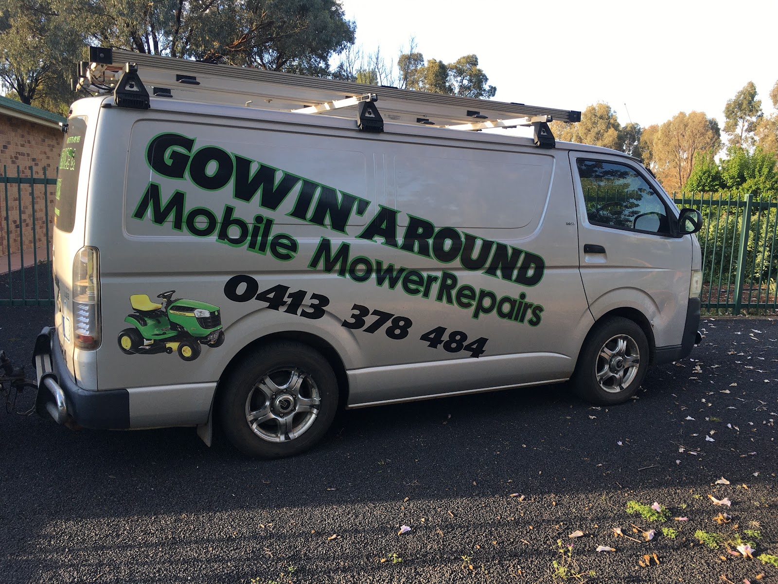 The silver Gowin’ Around service van signwritten Mobile Mower Repairs, 0413 378 484